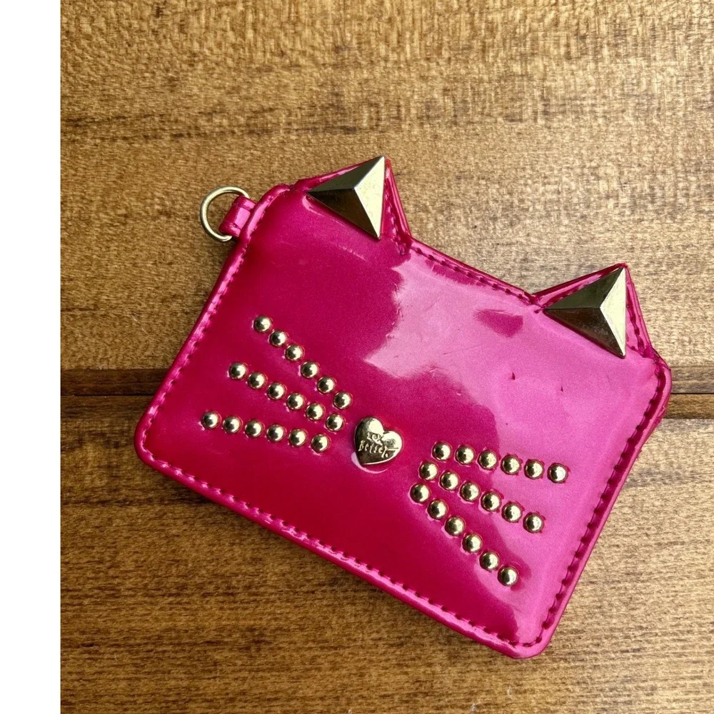 Betsey Johnson Cat Card Holder Hot Pink Studded Faux Patent Leather Y2K Wallet